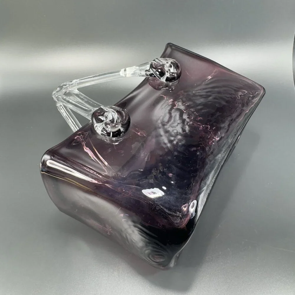 Vintage Amethyst Purple‎ Hand Blown Glass Purse Bowl Dish With Clear Handles VTG